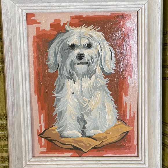 Vintage 1970s paint by numbers, Maltese dog on cushion, wood framed PBN - Picture 2 of 4